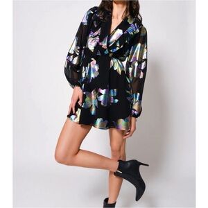 Anthropologie Hutch Black Dress with Iridescent Floral Accent Sheer Sleeves NWT